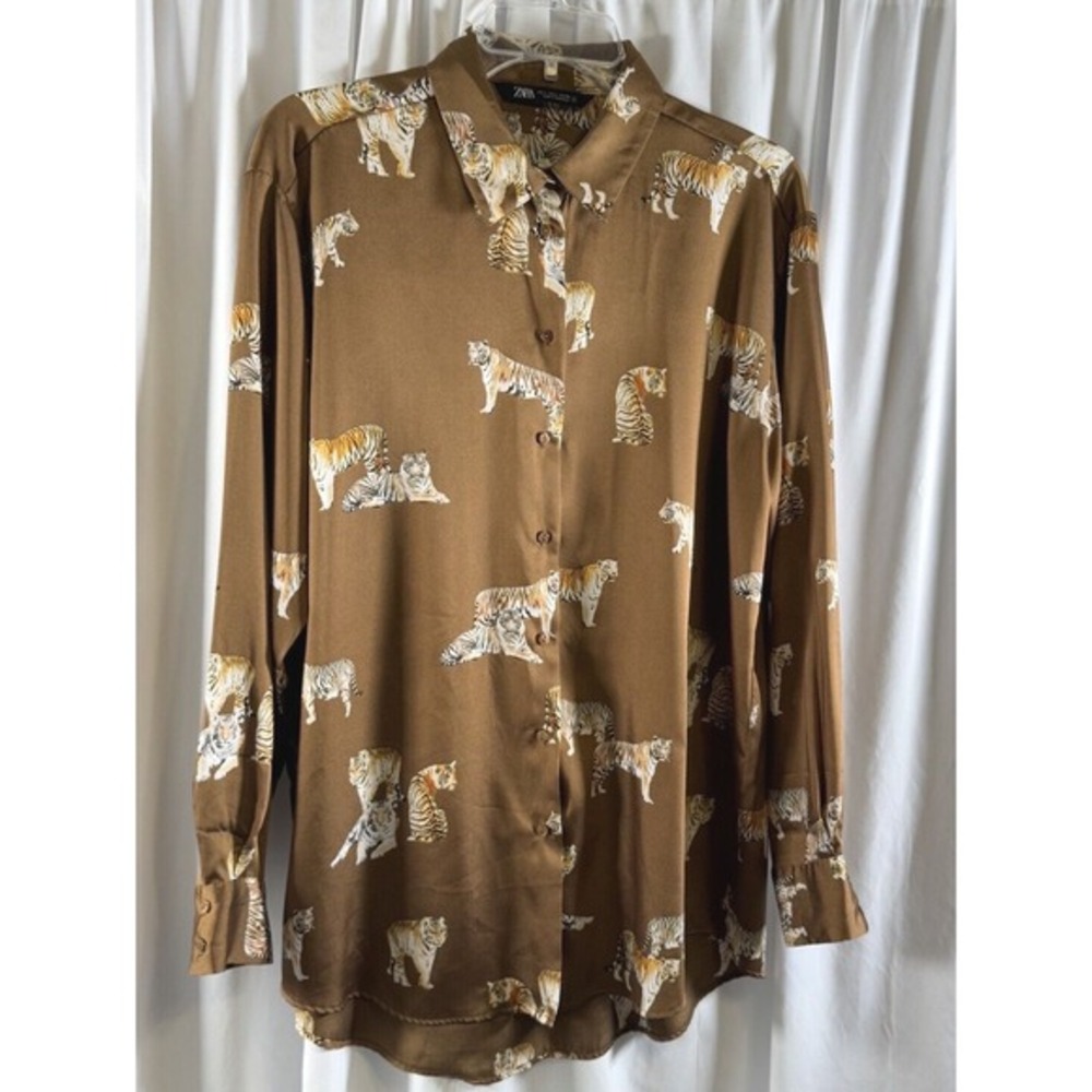 ZARA‎ Tiger Print Long Sleeve Button Down Shirt Women's L Brown Preppy  72-27 - Picture 12 of 15